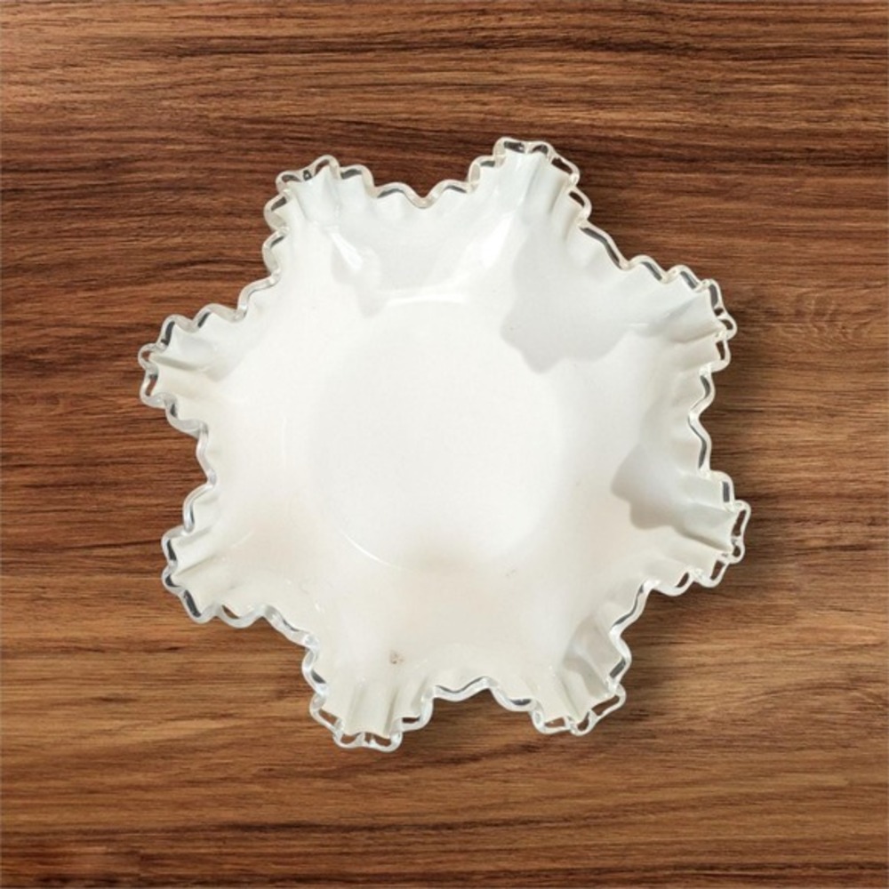 Fenton Silver Crest Milk Glass Ruffled Bowl White Clear Edge 11 inch Mid Century